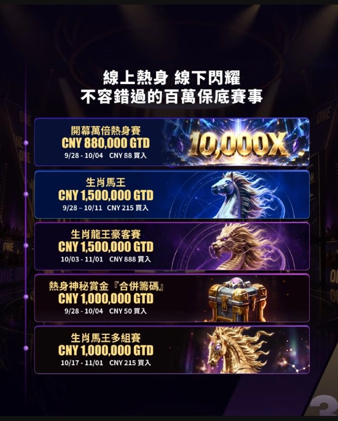 線上熱身線下閃耀 不容錯过的百万保底赛事 开幕万倍熱身賽 10,000X CNY…